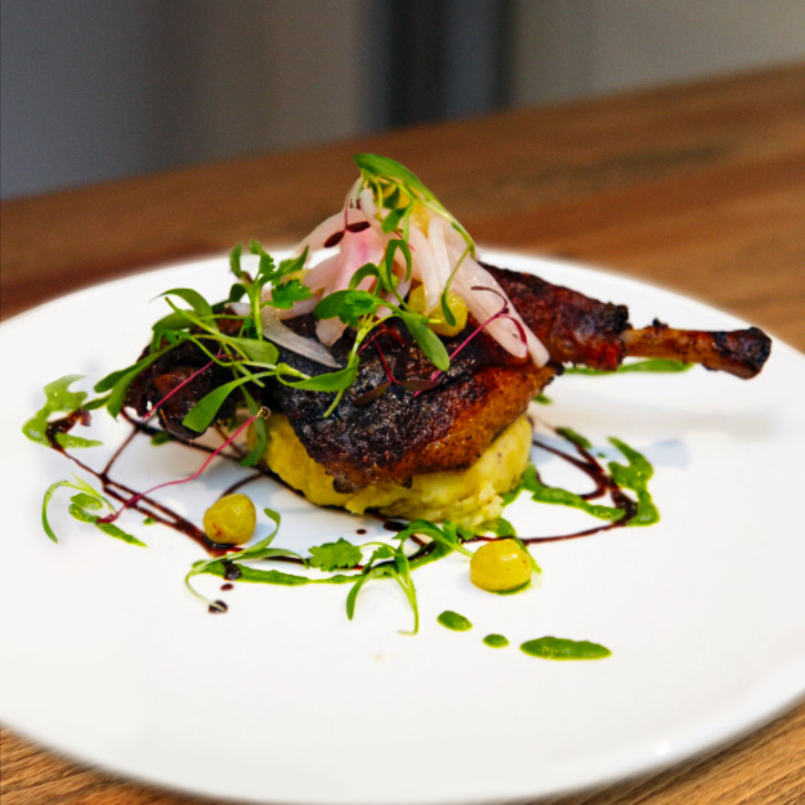 Shorne Benjamin's jerk duck confit with plantain mash, from a 2017 James Beard dinner. Photo courtesy Shorne Benjamin.