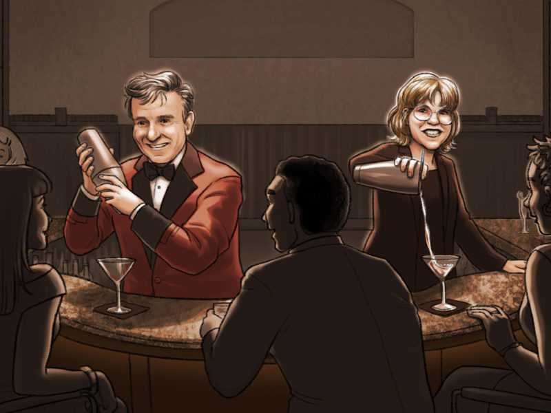Dale DeGroff and Audrey Saunders behind the stick at Blackbird. Illustration by Sayada Ramdial.
