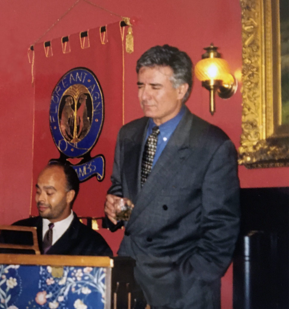 Chris Gillespie at the piano while Dale DeGroff prepares to sing at the Lambs Club, 1996. Photo courtesy Carl Butrum.