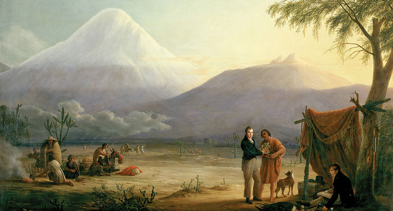“Alexander von Humboldt und Aimé Bonpland am Fuß des Vulkans Chimborazo (Alexander von Humboldt and Aimé Bonpland at the foot of the Chimborazo volcano),” 1806. Painting by Friedrich Georg Weitsch (1758–1828).
