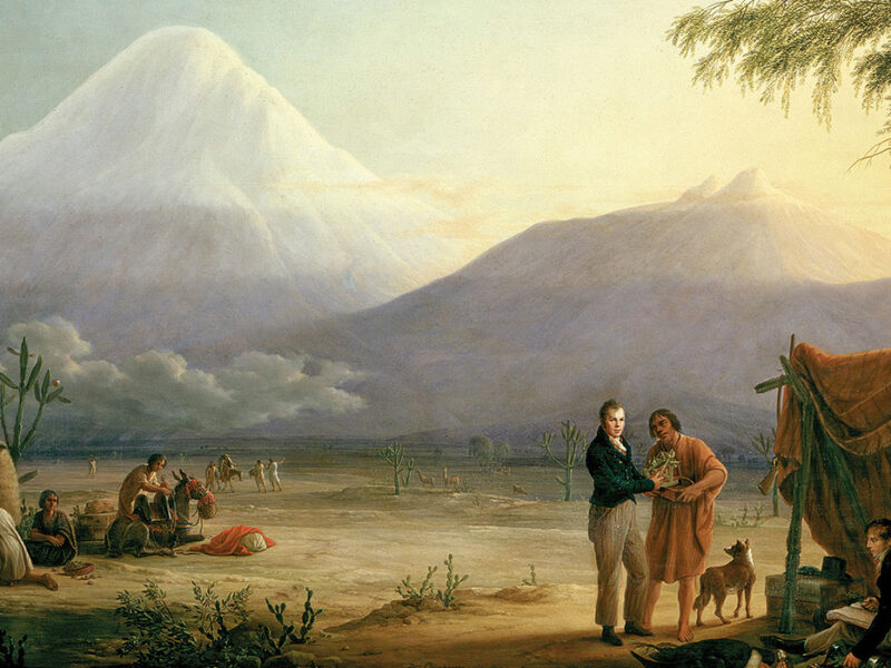 “Alexander von Humboldt und Aimé Bonpland am Fuß des Vulkans Chimborazo (Alexander von Humboldt and Aimé Bonpland at the foot of the Chimborazo volcano),” 1806. Painting by Friedrich Georg Weitsch (1758–1828).